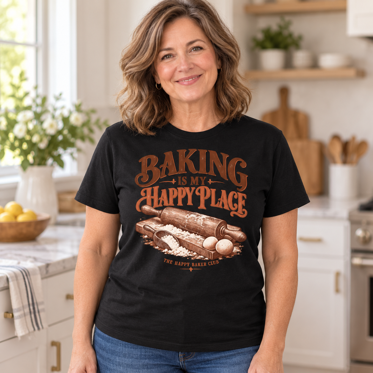 Baking Is My Happy Place T-shirt worn in a kitchen